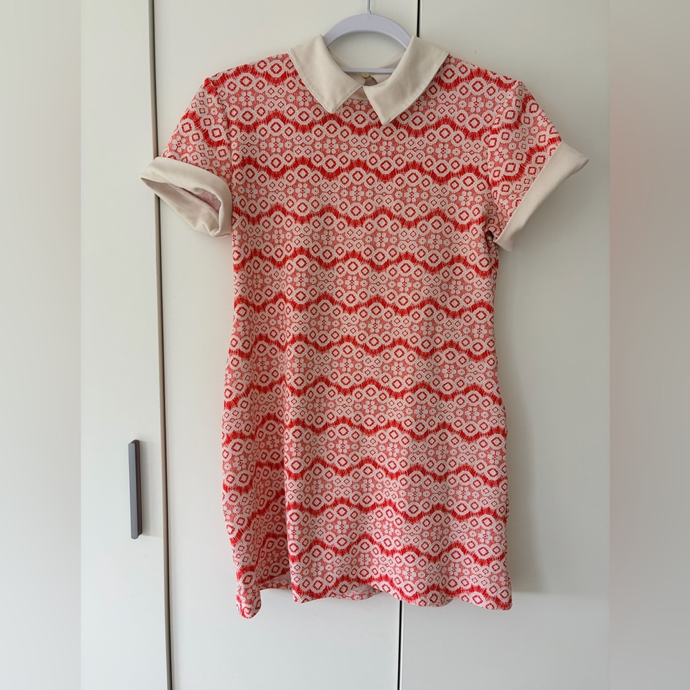 60s Red & Cream Patterned Mini Dress with Contrast Collar